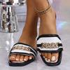 Nuevas Sandalias Planas con Cadena de Pedrería Estilo Comercio Exterior para Mujer, Chanclas de Exterior Cuadradas Color Block Blanco y Negro Wish