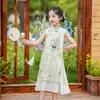 Vestido de Qipao para Niña Tencel Lino Acampanado 2026 Modelo Nuevo Verano Delgado Vestido Infantil Estilo Chino