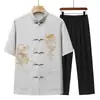 Traje de Verano para Papá Traje Tang de Manga Corta para Personas de Mediana Edad y Mayores Traje de Gama Alta para Hombres Estilo Chino Traje de Abuelo Hombre Seda de Hielo Hanfu