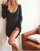 Comercio Exterior Otoño Europeo y Americano AliExpress Vestido de Lana Sexy Cuello en U Espalda Descubierta Cordón Color Sólido Vestido de Lana para Mujer