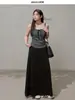 Julu Studio Conjunto de Mujer Tallas Grandes Estilo Coreano Camisola Rayada Relajada Elegante Cárdigan Falda de Cintura Alta Tallas Grandes