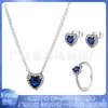 Pandora Cobre Blanco Plateado Brillo Halo Corazón Colgante Cadena Clavícula Nuevo Zafiro Collar Pendientes Pendientes