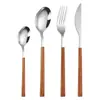 Conjunto de quatro peças de talheres ocidentais para bife, garfo, colher, colher de sobremesa e café em aço inoxidável com cabo de pinça estilo coreano, imitação de grão de madeira transfronteiriço