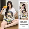 Transmissão ao Vivo de Pijamas Femininos Populares com Bojo, Shorts de Manga Curta em Algodão Nuvem, Conjunto de Pijama Soltinho com Desenho que Pode Ser Usado Fora