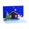 Los fabricantes suministran tarjetas de felicitación navideñas creativas con impresión a color transfronteriza de 90 grados en 3D con escena navideña de árbol de Navidad y muñeco de nieve.