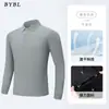 Camiseta Polo Masculina de Seda Gelada Sem Costura Manga Longa para Primavera e Outono, Cor Pura para Meia-Idade, Casual de Negócios, Gola Lapela, Top Passa-Fácil