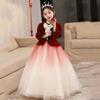 Vestido Infantil Degradê Vermelho Vestido de Princesa Anfitriã Casamento Infantil Menina Elegante Piano Vermelho Vestido de Apresentação