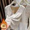 Blusa de Renda de Alto Padrão Estilo Francês Ningxin Yi para Mulheres, Estilo Puro Desejo Outono 2026 Gola V Manga Flare Malha Slim