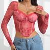 Estilo Europeo y Americano Sexy Estampado de Flores Transparente Cintura con Ballenas Tops Ajustados de Encaje de Manga Larga para Mujer