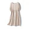 Vestido Midi Japonés Casual Literario Ligero de Lino Puro Holgado Forma de Capullo Oculta Defectos Adelgazante Cintura Alta Manga Corta Dobladillo Ancho