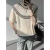 Camiseta de Verano para Hombre, Tejido Fair Isle Negro de Manga Corta, Estilo Retro Americano, Trenzado, Hombro Normal, Cómoda y Transpirable, Disponible para Dropshipping