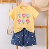 Trajes de Verano Nuevos para Niñas Europeos y Americanos Transfronterizos de Amazon para Niños Pequeños y Medianos con Camisetas de Manga Corta Estampadas con Flores + Shorts de Mezclilla