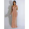 C6841 Moda Europea y Americana Transfronteriza Aliexpress Amazon Vestido Largo de Malla Color Sólido con Tira de Pedrería para Mujer