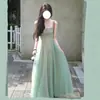 Conjunto de Dos Piezas de Vestido con Tirantes de Malla Verde Suave, Nuevo Estilo Primavera y Verano, Capa Interior Khaki, Falda Larga de Corte A Elegante y Ajustada