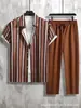 Conjunto de camisa de manga curta casual listrada com estampa digital 3D para homens europeus e americanos, com calça e camisa cardigã havaiana