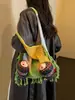 Bolsa de crochê divertida e colorida com tema de peixe inspirada na dopamina, nova bolsa de ombro estilo étnico de grande capacidade com trama vazada e tema de floresta