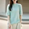 Tricô de lã sem costura com gola alta discreta e forro de fleece para mulheres, suéter de manga três-quartos para início de outono, camiseta de manga curta, top para usar por baixo