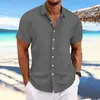 2025 Cross-Border Amazon Aliexpress Nova Camisa Casual Solta de Manga Curta Jacquard de Algodão e Linho para Homem Respirável