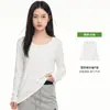 Camiseta gris para mujer con hombros rectos, fina, cuello en U, agradable para la piel, cómoda, color liso, manga larga, corte holgado, top que favorece la figura para principios de otoño