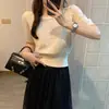 Top de Verano para Mujer de Manga Corta Tejido de Seda Helada Hueco Estilo Francés, Elegante Camiseta Negra con Ceñido a la Cintura Estilo Chanel