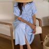 Verão Novo Amazon Transfronteiriço Moda Europeia e Americana Cor Sólida Listrado Estampado Vestido com Cinto Pg9788