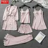 Pijama de Seda de Hielo para Mujer, Sexy de Verano con Manga Larga, Camisola de Encaje, Bata, Conjunto de Cinco Piezas, Transmisión en Vivo de Douyin con Almohadillas en el Pecho, Ropa de Casa