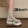 Zapatos Mary Jane de Encaje con Lazo Estilo Francés para Mujer, Modelo Nuevo Verano 2026, Zapatos Individuales Plateados con Aumento Oculto de Altura, Zapatos de Cuero para Fiesta