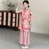Conjunto de Calça Wide Leg Sem Manga para Meninas de Verão 26 Novo Estilo Roupas Infantis Kids Meninas Novo Estilo Chinês Estilo Nacional Qipao Conjunto de Duas Peças
