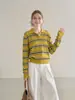Suéter de tricô listrado com gola polo estilo francês retrô de manga comprida para mulheres, suéter casual slim fit extremamente estiloso para o outono