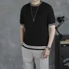 Uau, camisa de base de malha masculina de manga curta estilo coreano, listrada de verão, gola redonda, feita sob medida, moda jovem, camiseta casual