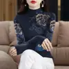 Camiseta Interior de Manga Larga con Cuello Alto y Estampado de Terciopelo Engrosado para Primavera y Otoño para Mujeres de Mediana Edad y Mayores, Top de Gama Alta que Cubre el Vientre