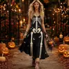 Vestido de suspensório com estampa de esqueleto para Halloween feminino, padrão vintage de morcego e lua, corte solto, vestido longo atmosférico para festa