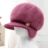 Sombrero de punto de ala ancha con pelo de conejo para otoño e invierno, sombrero de lana cálido con forro polar para mujeres de mediana edad, ancianas y abuelas