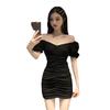 Vestido Curto Sexy Decote V Ombro a Ombro Manga Bufante Duas Formas Bodycon, Vestido Petite Ruched Emagrecedor