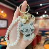 Chaveiro de Gato e Peixe de Argila com Strass, Design Fofo de Nicho, Pingente de Bolsa com Corrente de Pérolas Feito à Mão para Mulheres