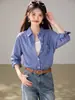 Top de camisa a cuadros para mujer, fino, de manga larga, corte holgado, adecuado para usar en capas, casual y elegante, con hombros normales