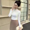 Camiseta Básica de Otoño para Mujer con Cuello Medio Alto, Sencilla y Cómoda, Color Sólido, Manga Larga, con Forro Polar de Microfibra y Acabado de Aceite de Coco