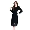 2026 Vestido de encaje de alta gama, elegante, chic para damas, vestido largo estilo francés para mujeres, precio asequible, tela transparente color albaricoque