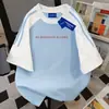 Camiseta de Manga Corta con Estampado de Letras Color-Blocking de Tendencia en Nicho, Casual de Verano Holgada Estilo Pareja Estilo Perezoso Top