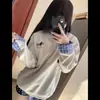 Sudadera a Cuadros con Cuello Polo Bordado de Cachorro Estilo Retro Americano para Mujer Estilo Preppy Falsa Dos Piezas Suelta Jersey para Pareja