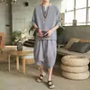 Estilo chinês masculino vintage algodão e linho terno fivela verão sete mangas camiseta shorts duas peças plus size roupas