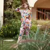 [Fazenda da Raposa] pijama feminino primavera e outono seda gelada manga longa fino seda artificial estampado homewear feminino de verão