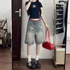 Shorts de mezclilla vintage con estampado de estrellas para mujer talla extra, pantalones de verano para estudiante, shorts rectos holgados de cintura alta de cinco puntos