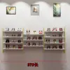 Loja de sapatos sapateira expositor estante vitrine de casamento prateleira multicamadas loja de roupas femininas porta-bolsas madeira maciça montado na parede