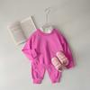 Conjunto de duas peças de algodão felpudo infantil, cor sólida dopamina, suéter com gola redonda, casaco, calças, masculino e feminino