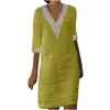 Amazon AliExpress Otoño Europeo y Americano Algodón y Lino Cuello en V Pequeño Puntada de Encaje Color Sólido Retro Manga de Siete Puntos Vestido para Mujer