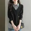 Camisa Tricotada de Manga Comprida de Duas Peças Falsas para Mulheres, Outono 2025 Novo Estilo, Suéter Interno Solto, Camisa Externa com Lapela