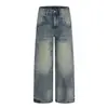 Calça Jeans Reta Fengmei Estilo Retrô Americano Azul para Homens e Mulheres, Lavada, Bigodes 3D, Tendência, Desgastada, Perna Larga, Solta, Calça Casual