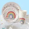 Decoración de Cumpleaños Set de Platos de Papel Arcoíris Taza de Plato de Papel Cuchillo Tenedor Cuchara Servilleta de Mesa Feliz Cumpleaños Decoraciones