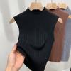 Colete de Tricô para Mulheres 2025 Nova Moda Gola Alta Canelado Camisa Base Sem Mangas Top com Ajuste na Cintura